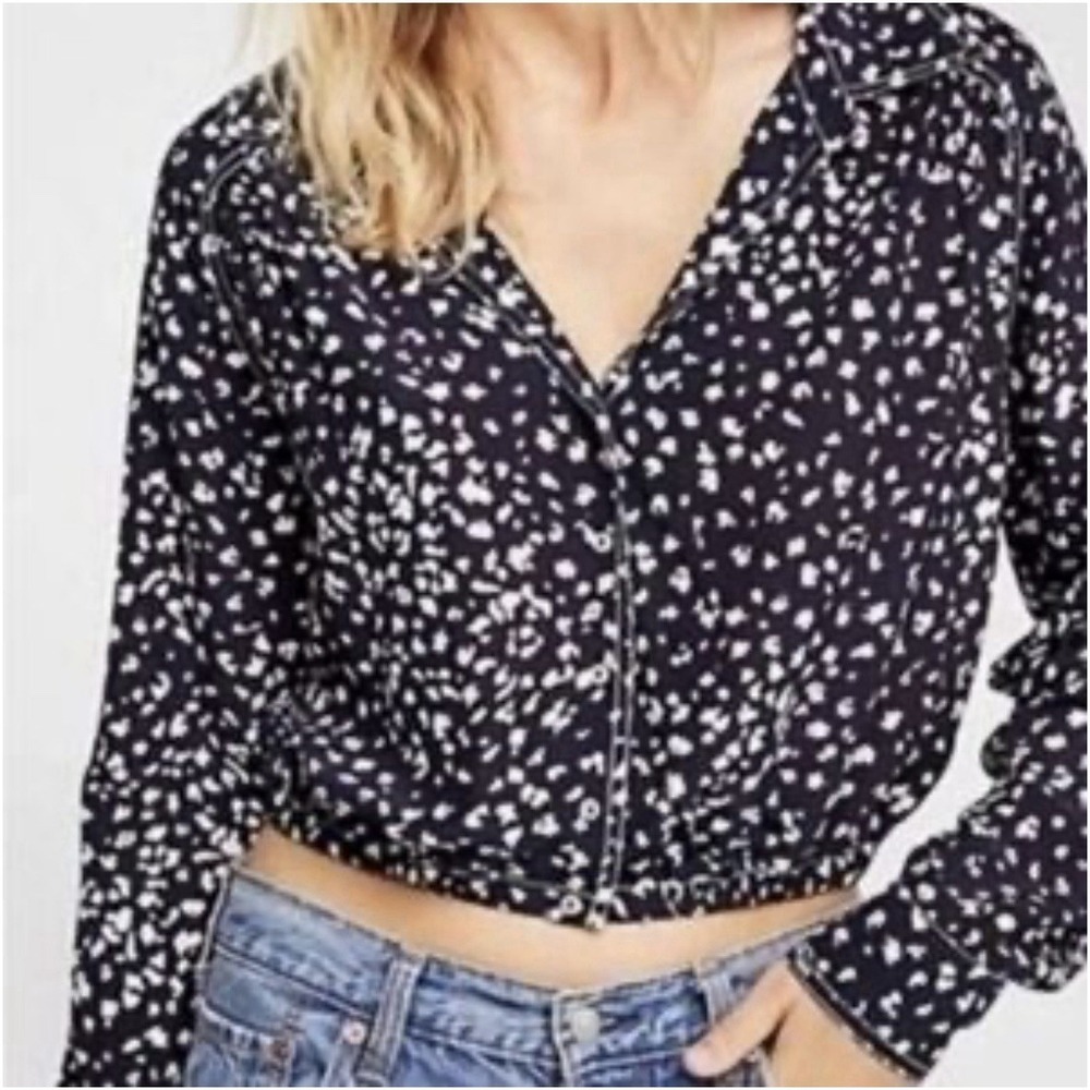 Free People Wishing Well Long Sleeve Navy White Pattern Copped Top XS Blouse